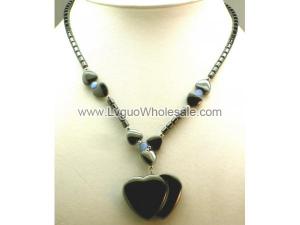 Blue Cat's Eye Opal Hematite Double Heart Pendant Beads Chain Choker Necklace